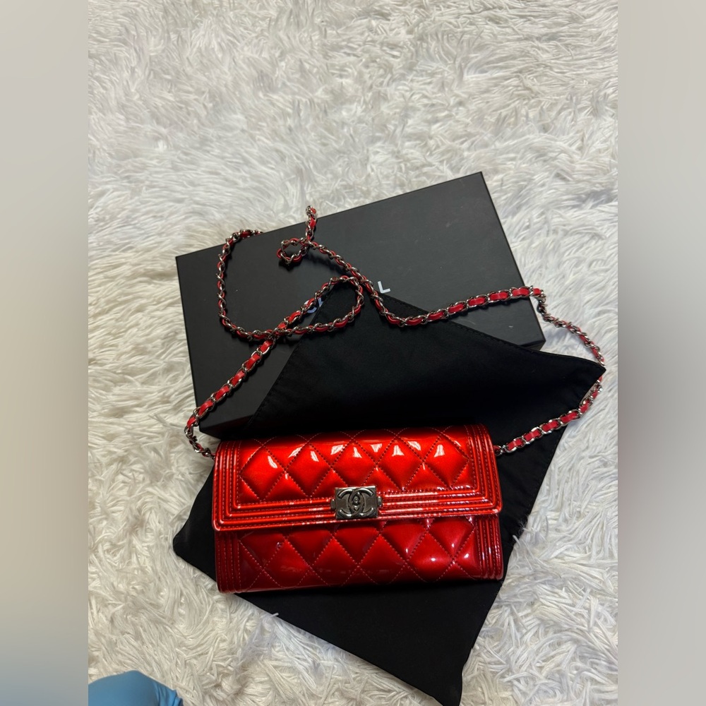 Chanel Red Patent Leather Single Flap Boy Continental Wallet